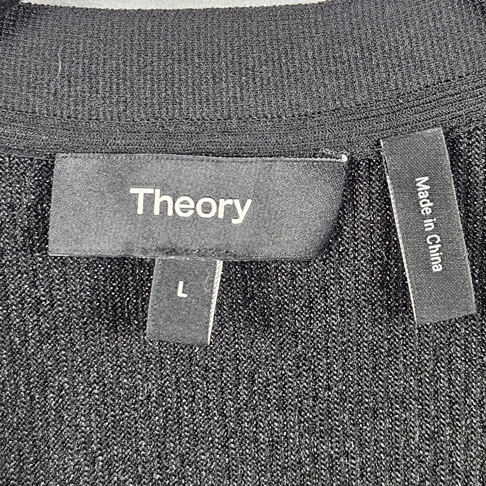 Theory Plaited Cardigan Womens Large Black Metallic Compact Crepe Button Up - Picture 3 of 9